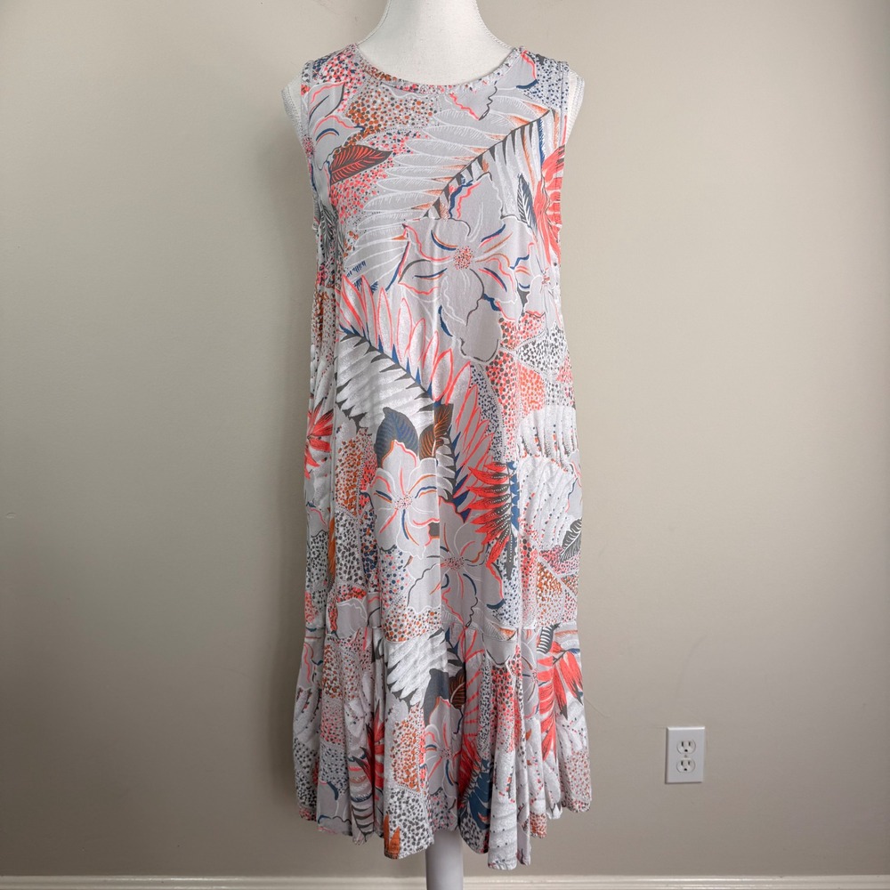 Fresh Produce Grey Coral Tropical Floral Tiered Midi Shift Dress Pockets Small